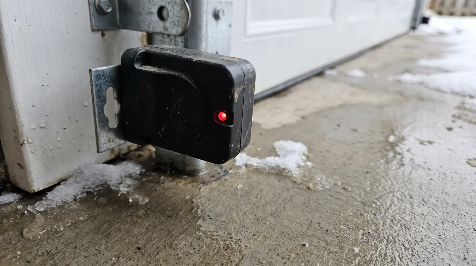 Garage door safety sensor on a bracket just above a sloped concrete garage floor