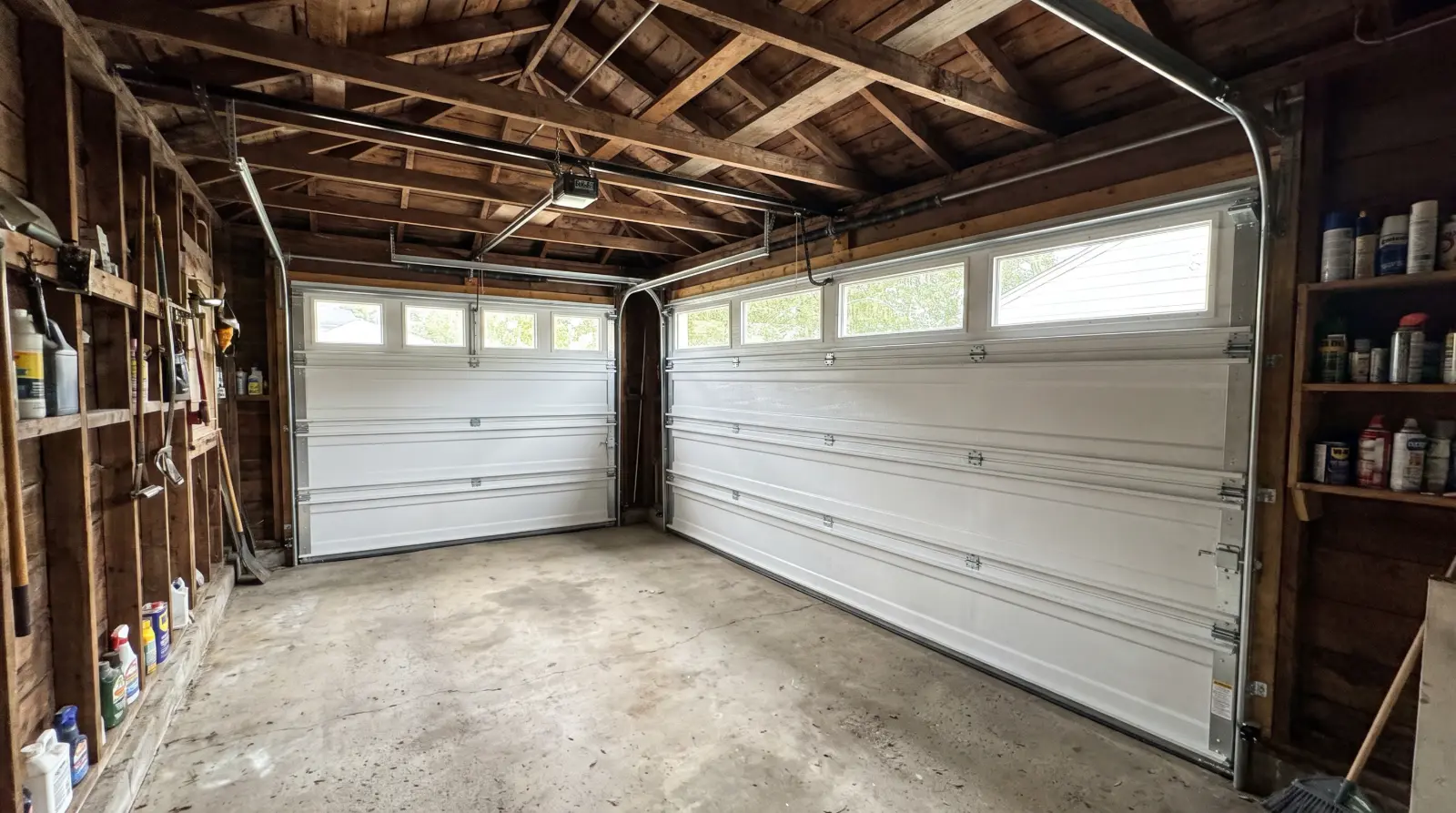 New insulated steel garage doors in an older garage with a low open-rafter ceiling